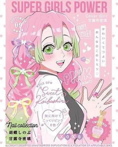 an anime character with pink hair and green eyes