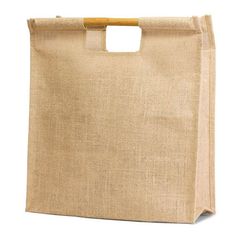 a jute bag with a wooden handle on a white background