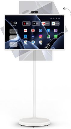 an electronic display with various icons on the screen and below it is a white pedestal