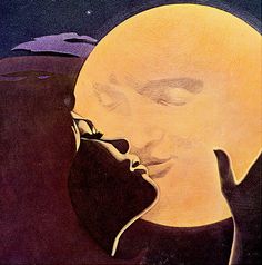 a drawing of a man and woman kissing in front of the moon with their eyes closed