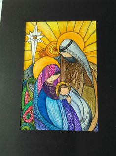 a drawing of a person holding a baby jesus