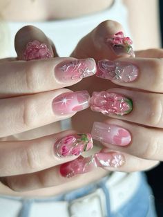 Pink Nails Korean, Nails Pink Jelly, Kpop Inspired Nails, Russian Manicure Design, Jelly Nails Designs, Korean Jelly Nails, Nezuko Nails, Korea Nail Art, Pink Jelly Nails