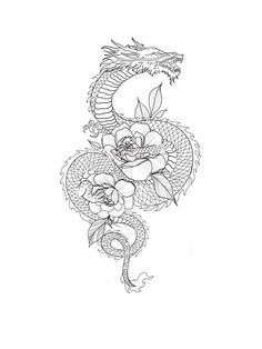 a drawing of a dragon with flowers on it's back and the tail curled up