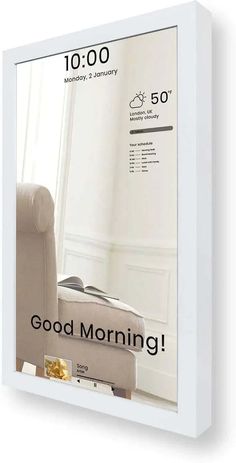 a poster with the words good morning in front of a white chair and ottomans