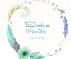 watercolor feathers and flowers are arranged in a circle with the words boho weeahes