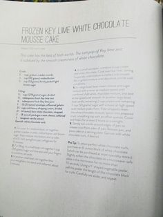 an open book containing information about the frozen key lime white chocolate cake, with instructions on how to make it