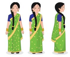 three different views of a woman in green sari with braids on her head