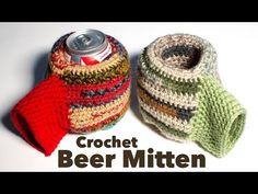 two crochet beer cozyies sitting next to each other