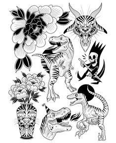 an image of dinosaurs and flowers in black and white