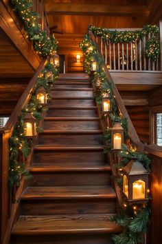 stairs decorated with christmas lights and garlands