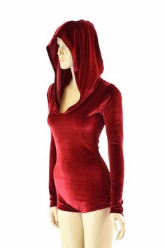 Little Red Riding Hood Red Velvet Long Sleeve Hoodie Romper Fitted Long Sleeve Halloween Hoodie, Red Hoodie For Cosplay In Winter, Red Long Sleeve Hoodie For Cosplay, Red Fitted Hoodie, Fitted Hooded Halloween Hoodie, Red Stretch Hooded Hoodie, Red Stretch Hoodie, Red Stretch Hoodie With Hood, Fitted Long Sleeve Hoodie For Cosplay