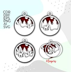 four christmas ornament designs with trees and deers in the snow on them