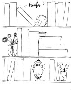 a black and white drawing of books on a shelf with flowers, vases and clocks