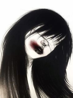 a drawing of a woman's face with long black hair and red eyeliners