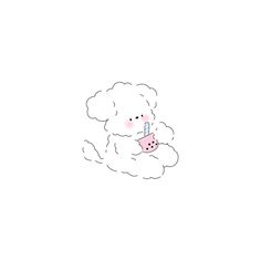 a drawing of a teddy bear with a candle in it's mouth sitting on a cloud