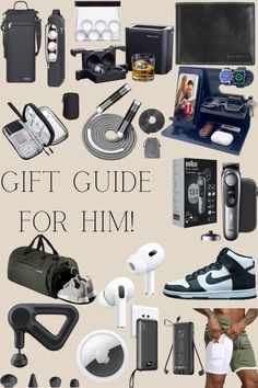 the ultimate gift guide for him is on display in this graphic style, including an assortment of items and accessories