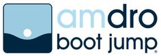 the am dro boot jump logo is shown in blue and white colors, with an image of a phone on it's side