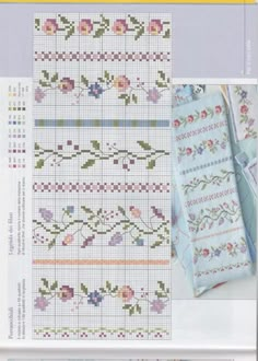 the cross stitch pattern is shown in three different colors and sizes, including one with flowers