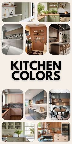 the cover of kitchen colors is shown in many different styles and sizes, including cabinets