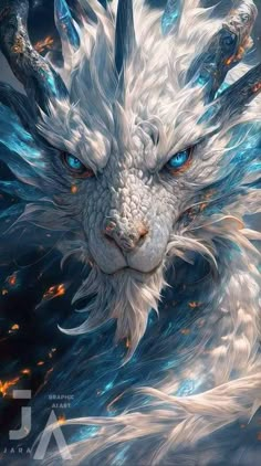 a white dragon with blue eyes and feathers on it's head is surrounded by fire