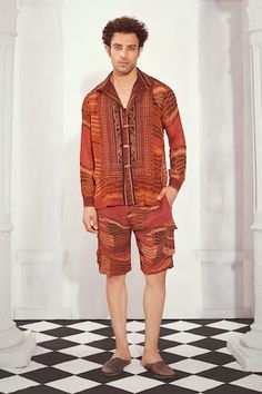 Tangerine full sleeve shirt with byzantine print. - Aza Fashions Designer Long Sleeve Festive Shirt, Traditional Long Sleeve Tops With Ikat Print, Traditional Long Sleeve Ikat Print Top, Men Shirts Casual, Full Sleeve Shirt, Men Shirts, Shorts Men, Full Sleeves, Aza Fashion