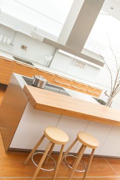 two stools are in front of the kitchen counter