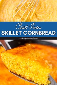 a skillet filled with cornbread next to a fork