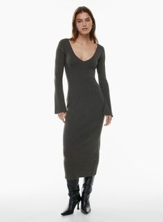 MOORE DRESS | Aritzia Ribbed V-neck Sweater Dress For Loungewear, Chic V-neck Sweater Dress For Loungewear, Winter V-neck Stretch Midi Dress, Winter Stretch V-neck Midi Dress, Cozy V-neck Sweater Dress For Spring, Stretch V-neck Midi Dress For Winter, Stretch Midi Dress For Fall Loungewear, Fall Stretch Midi Dress For Loungewear, Fitted V-neck Sweater Dress For Loungewear