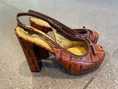 Gorgeous brown mock crocodile platform peep toe slingback mules by Miu Miu. 4 inch heel. Excellent unworn condition. Cute yellow floral detailing inside shoe.  Size 37 UK Size 4 Alt Shoes, Girls Clogs, Special Shoes, Pretty Heels, Slingback Mules, Clogs And Mules, Seventies Fashion, Platform Mules, Funky Shoes