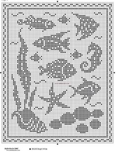 a cross stitch pattern with fish and flowers on the bottom, in black and white