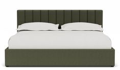 a bed with green headboard and white pillows on it's sides, in front of a white background