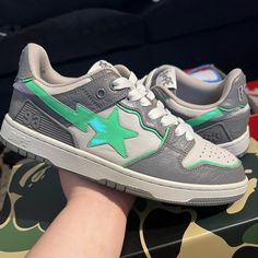 A Bathing Ape Bape Sk8 Sta Sz 7y Gs Grey Green 100% Authentic, Comes In Box Good Condition Green Bapesta, Bape Sk8 Sta, Sk8 Sta, Bape Shoes, Bape Sneakers, Ape Bape, Shoe Designs, Modern Shoes, Bathing Ape