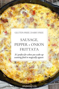 sausage, pepper and onion frittata in a cast iron skillet with text overlay