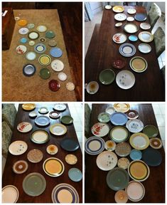 four different pictures of plates laid out on the floor and placed on the table top