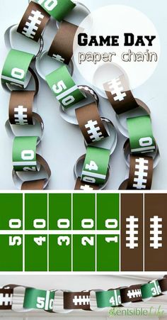 a game day paper chain with footballs on it and numbers in green, brown and white