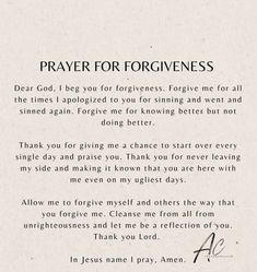 a poem written in black ink on white paper with the words prayer forforgingness