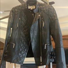 Beautiful Leather Jacket Wore Only Once Size Xs Luxury Quilted Fitted Leather Jacket, Luxury Fitted Quilted Leather Jacket, Luxury Quilted Black Leather Jacket, Designer Black Leather Jacket For Spring, Michael Kors Black, Michael Kors, Leather Jacket, Jackets For Women, Jackets & Coats