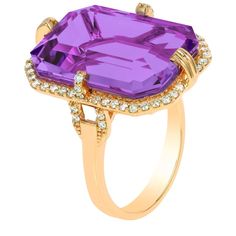 Amethyst Cocktail Ring, Emerald Cut Ring, Amethyst And Diamond Ring, Yellow Gold Diamond Ring, Retro Ring, Emerald Cut Rings, Amethyst Gold, Contemporary Ring, Diamonds Ring