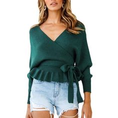 Elevate Your Winter Wardrobe With This Green Ruffle Cropped Sweater, Perfect For Any Occasion. The Pullover Style Features Dolman Sleeves, A Flattering V-Neckline, And A Tie Waist For A Chic And Retro Look. The Sweater Is Made Of A Cotton And Acrylic Blend, With A Tight-Knit Fabric Type That Provides Stretch And Makes It Machine Washable For Easy Care. The Sweater Also Features Charming Accents Of Ruffles, Adding A Touch Of Femininity To The Design. This Versatile Piece Is Suitable For All Seaso Slim Fit Sweater, Sweater Season, Long Sleeve Knit Sweaters, Long Sleeve Knit Tops, Pullover Shirt, Knit Crop, Knitted Pullover Sweaters, Knit Jacket, Sweater And Shorts