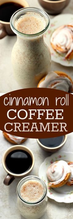 cinnamon roll coffee creamer is shown with two cups and saucers on the table