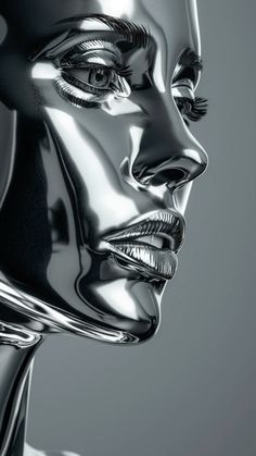 a woman's face is shown with shiny silver paint on the body and head