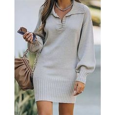 Season:Winter,Fall; Fabric:Knit; Sleeve Length:Long Sleeve; Look After Me:Machine wash; Gender:Women's; Style:Warm,Fashion,Knitwear,Casual; Elasticity:Micro-elastic; Occasion:Daily,Casual,Going out,Outdoor; Fit Type:Loose Fit; Dresses Type:Sweater Dress,Jumper Dress,Winter Dress,Casual Dress,Knit Dress; Pattern:Pure Color; Neckline:V Neck; Front page:FF; Listing Date:08/18/2023; Production mode:External procurement; 2024 Trends:2023; Bust:; Length:; Fit US Size:; Fit UK Size:; Fit EU Size:; Dress Length Type:Mini Dress Lantern Sleeve Sweater, Pull Oversize, Solid Sweaters, Winter Pullover, Estilo Chic, Sweater Dress Women, Puff Sleeve Dresses, Mid Length Skirts, Loose Sweater