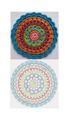 two crocheted dois with different colors and designs on the top one has a circular