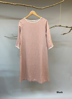 "This slightly A-shaped linen dress is a perfect example of elegance in simplicity. Soft linen fabric, right at knee length, side pockets for convenience, rimmed collar and sleeves in contrast color fabric, all work together for an elegant yet comfy look. - Handmade with 100% medium weight linen - Scoop neck with rimmed collar - Rimmed 3/4 sleeves - Knee Length - Color in listing: Burgundy, Cloudy Sky. Please provide your shoulder width, full bust measurement ( measured around the fullest part ) Beige Linen Knee-length Midi Dress, Knee-length Flax Linen Dress, Midi Linen Dress, Linen Camisole, Linen Slip Dress, Linen Sundress, Cropped Linen Pants, Dress Knee Length, Linen Midi Dress