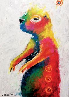 a painting of a colorful bear on a white background