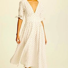 Nwt Cream Dress With Red Polkadots By Night Walker Ludlow Is A Mid Length Dress Has Buttons Up Front Ties On Each Arm 100% Cotton Polka Dot Swiss Dot Midi Dress, Fitted Polka Dot Midi Dress With Swiss Dot Details, Polka Dot V-neck Midi Dress For Vacation, Polka Dot Dress With Short Sleeves For Daywear, Polka Dot Short Sleeve Dress For Daywear, Polka Dot Swiss Dot V-neck Dress, Polka Dot Midi Length Daywear Dress, Polka Dot V-neck Midi Dress For Brunch, Polka Dot Midi Length Dress For Daywear