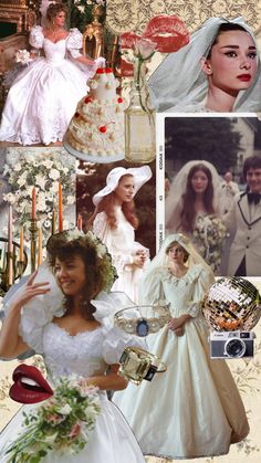 the collage shows many different pictures of people in wedding dresses and hats, including one woman