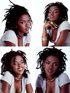 four different pictures of a woman with dreadlocks