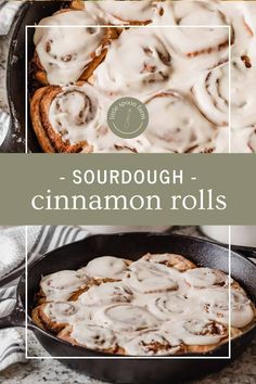 a skillet filled with cinnamon rolls covered in icing and sitting on top of a table