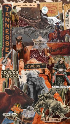 a collage of cowboy images and other items